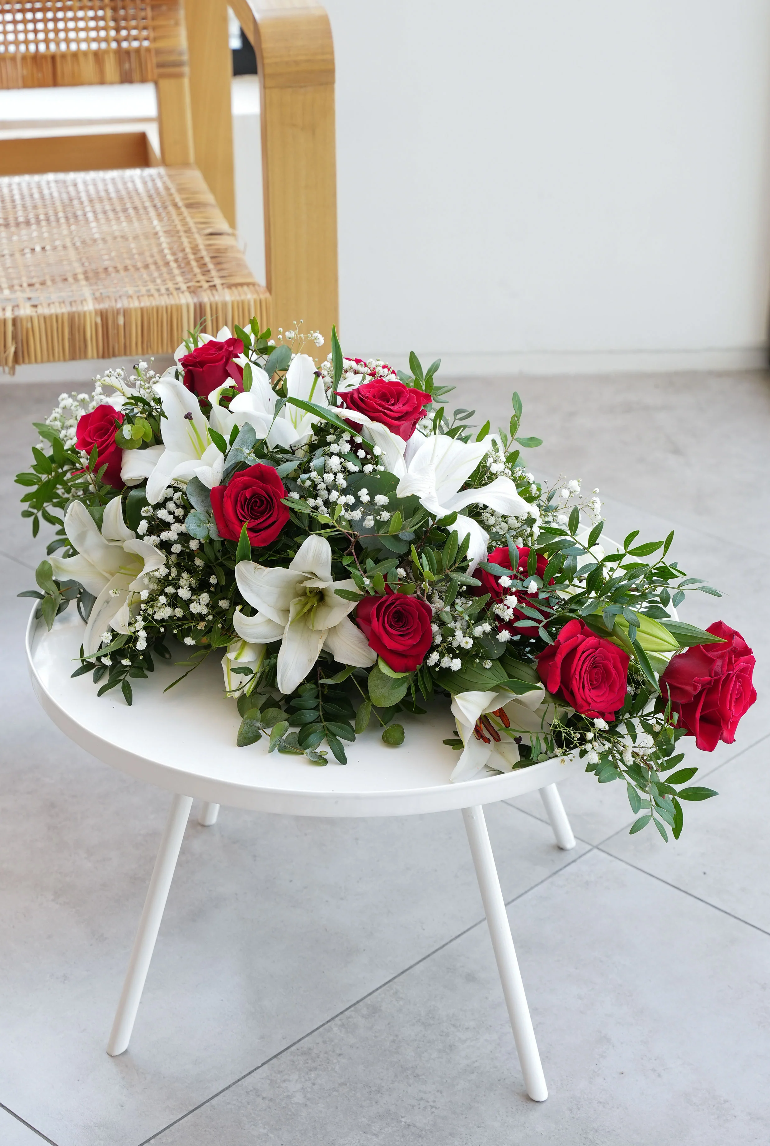Red Roses and White Lily Funeral Spray - Image 3